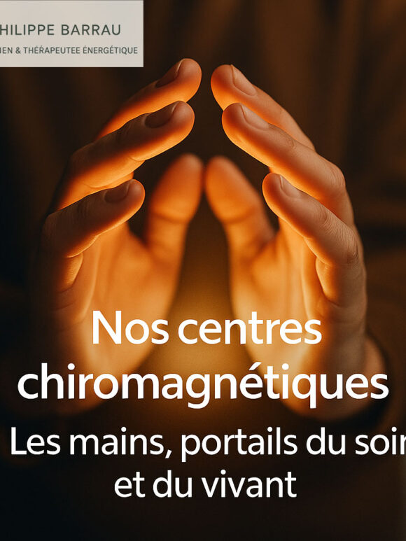 Deux mains ouvertes face à face laissant apparaître un halo de lumière douce, illustrant les centres chiromagnétiques et la circulation de l’énergie du vivant.