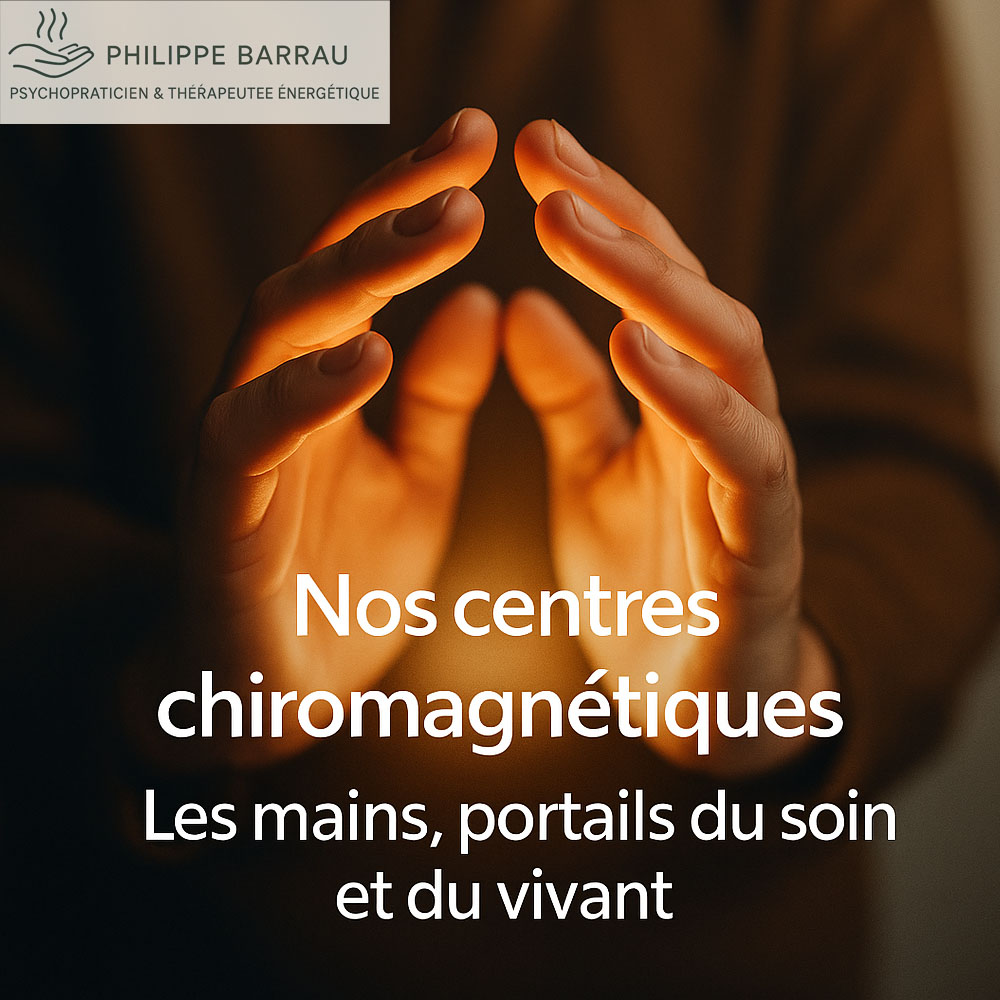 Deux mains ouvertes face à face laissant apparaître un halo de lumière douce, illustrant les centres chiromagnétiques et la circulation de l’énergie du vivant.