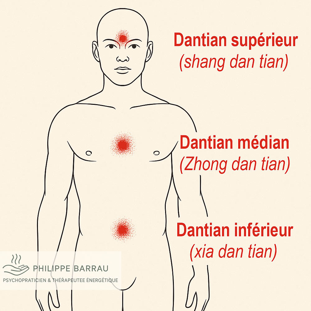 Schéma des trois Dantian — supérieur entre les sourcils, médian au niveau du sternum, et inférieur sous le nombril — représentant les trois centres énergétiques fondamentaux du corps selon la tradition taoïste.