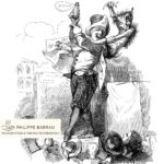 Illustration satirique représentant un faux guérisseur de foire, utilisée par Philippe Barrau, psychopraticien et thérapeute énergétique à Saint-Rémy-de-Provence, pour illustrer la réflexion éthique sur le magnétisme énergétique et le charlatanisme.