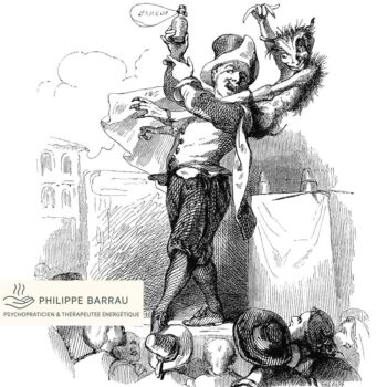 Illustration satirique représentant un faux guérisseur de foire, utilisée par Philippe Barrau, psychopraticien et thérapeute énergétique à Saint-Rémy-de-Provence, pour illustrer la réflexion éthique sur le magnétisme énergétique et le charlatanisme.