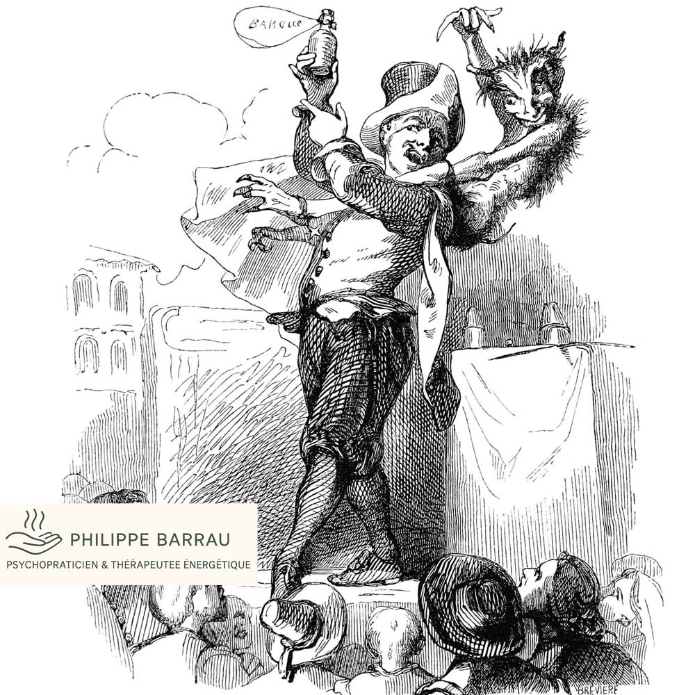 Illustration satirique représentant un faux guérisseur de foire, utilisée par Philippe Barrau, psychopraticien et thérapeute énergétique à Saint-Rémy-de-Provence, pour illustrer la réflexion éthique sur le magnétisme énergétique et le charlatanisme.
