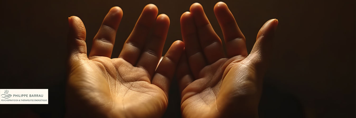 Bannière montrant deux mains ouvertes vers la lumière, symbole des Soins essentiels en magnétisme énergétique