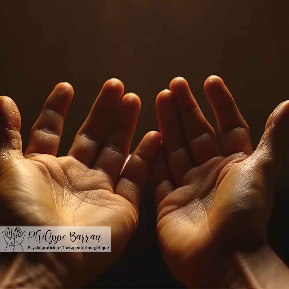 Mains ouvertes dans une posture d’accueil, illustrant le champ d’intervention du magnétisme énergétique comme un accompagnement de soutien, d’apaisement et de régulation.