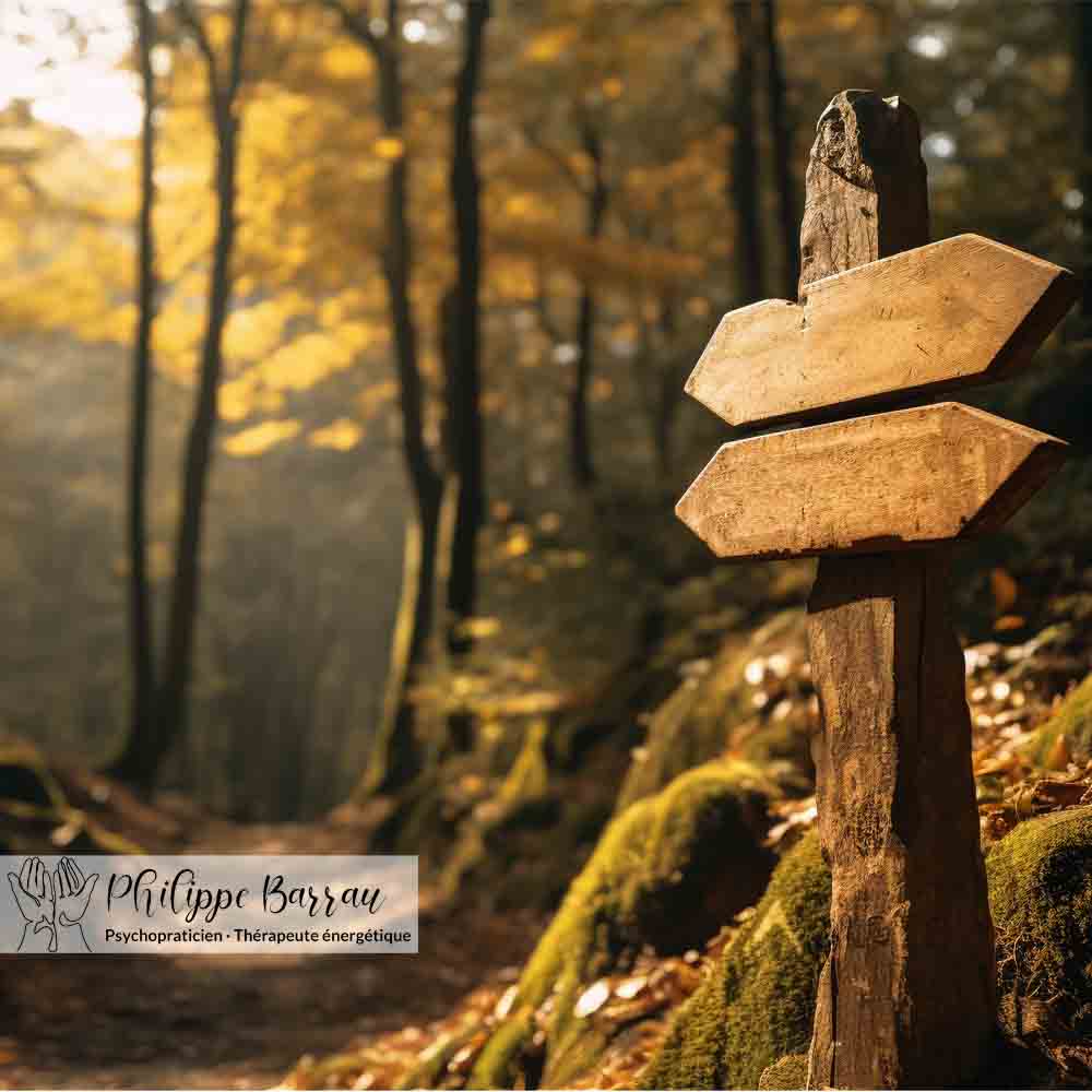 Panneau directionnel en bois sur un sentier forestier, illustrant des repères de compréhension souples et non dogmatiques en magnétisme énergétique.