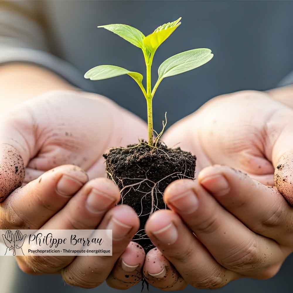 Jeune pousse reposant dans des mains ouvertes, illustrant la finalité du soin en magnétisme énergétique : soutenir les capacités naturelles d’auto-régulation du vivant.