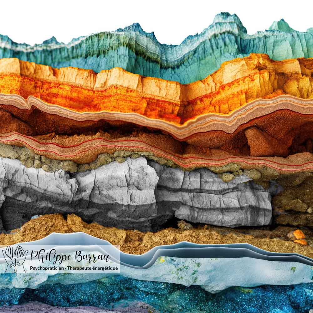 Strates naturelles superposées illustrant la complexité et la non-linéarité des processus du vivant dans une approche de causalité non mécanique.