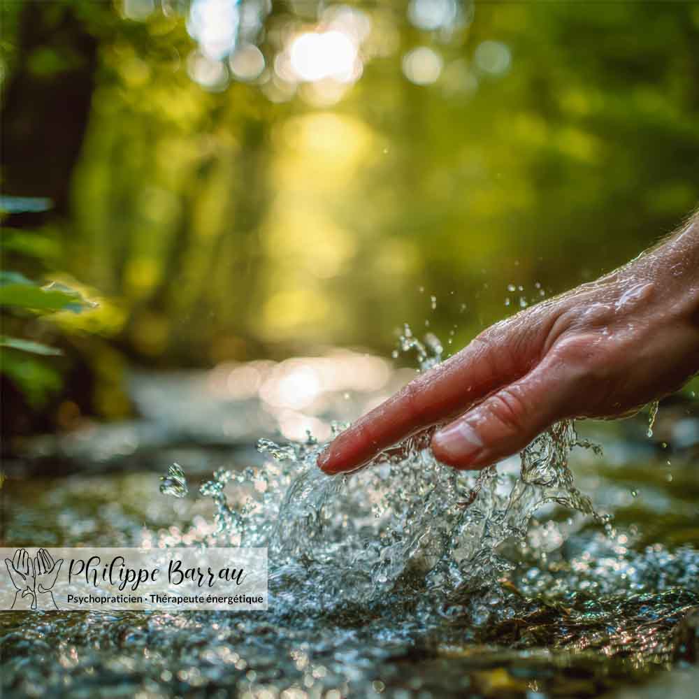 Main effleurant l’eau en mouvement, illustrant une vision globale et vivante de l’être humain où corps, émotions et énergie interagissent en permanence.