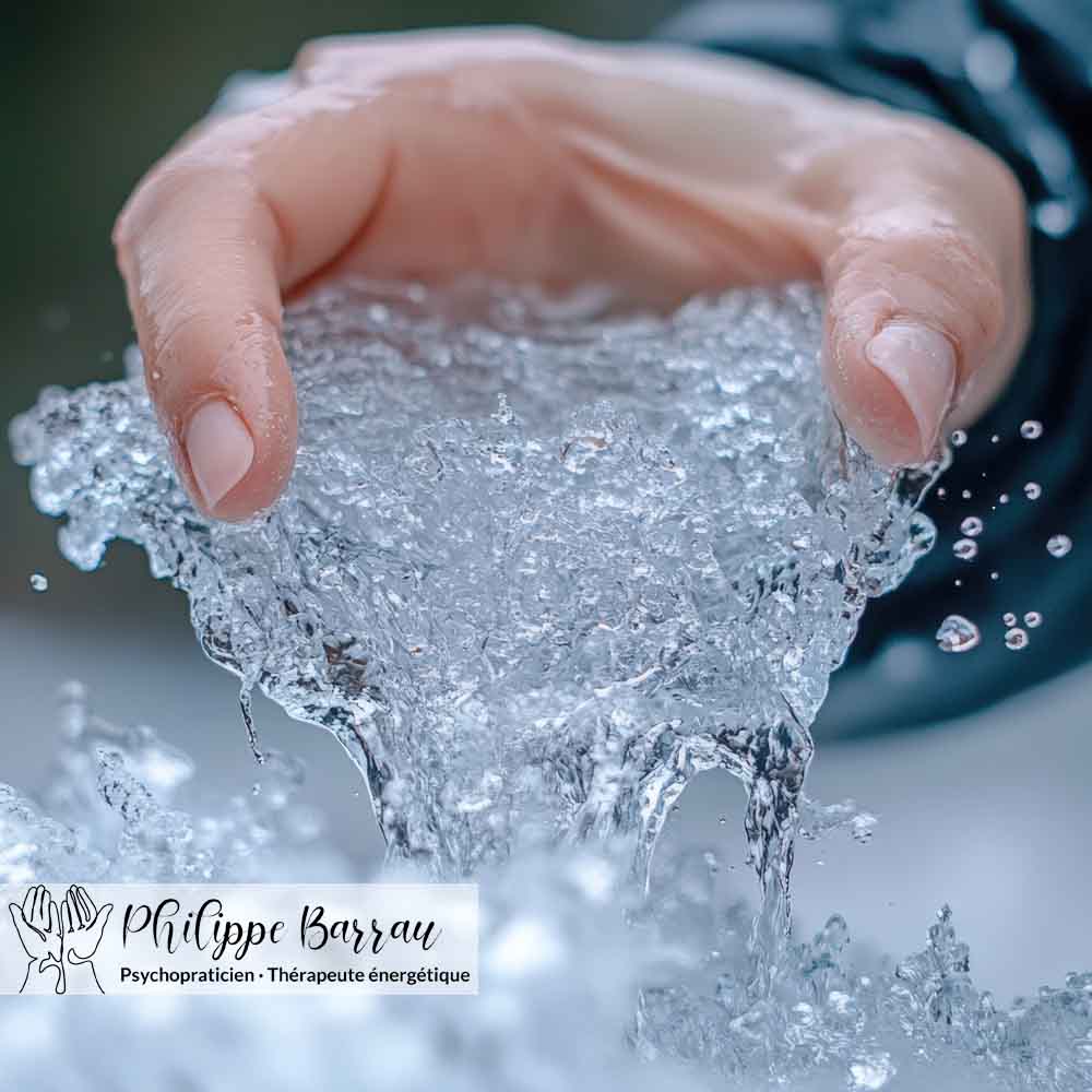 Main au contact de l’eau illustrant une approche d’apaisement dans l’accompagnement des inflammations par le coupeur de feu