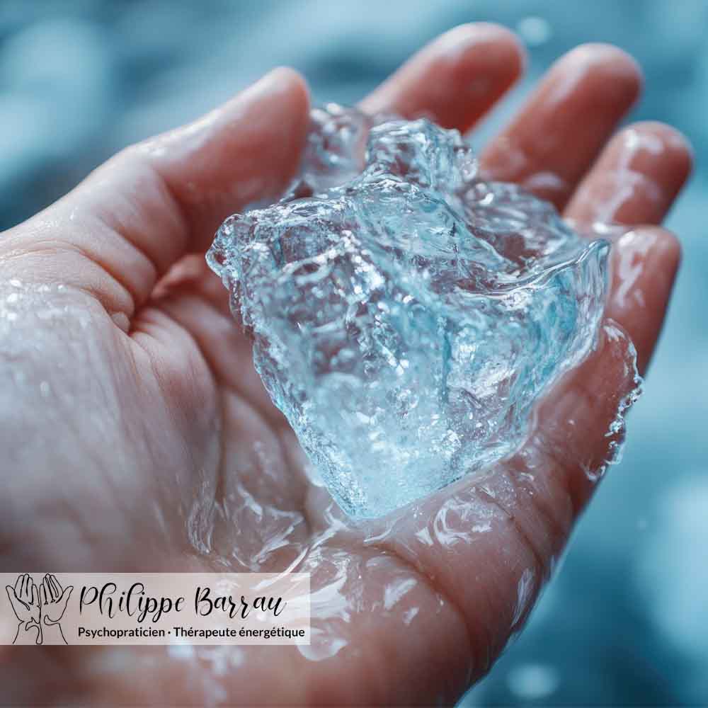 Main tenant un glaçon illustrant une approche d’apaisement dans la pratique du coupeur de feu face à la brûlure